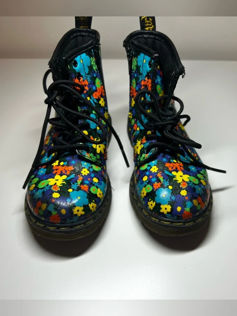 Dr. Martens Kids Floral Combat Boots - Black with Multi-Color Flowers